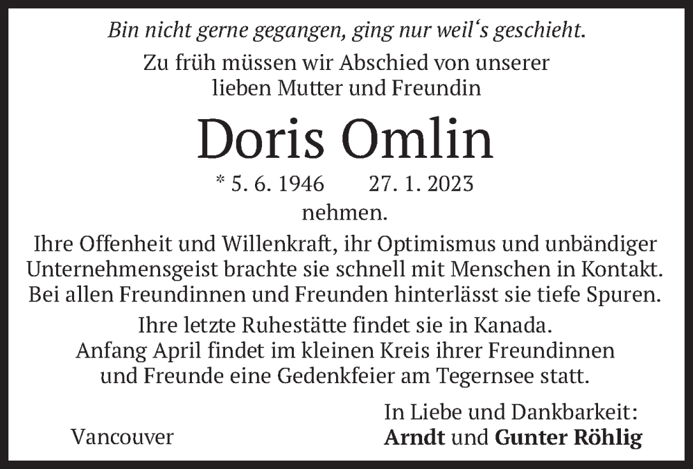  Traueranzeige für Doris Omlin vom 11.02.2023 aus merkurtz