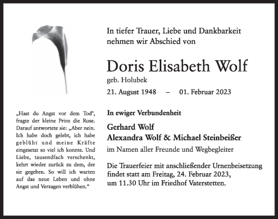 Traueranzeige von Doris Elisabeth Wolf von merkurtz