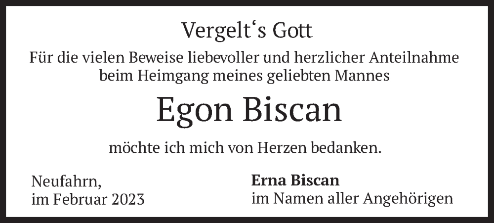  Traueranzeige für Egon Biscan vom 11.02.2023 aus merkurtz