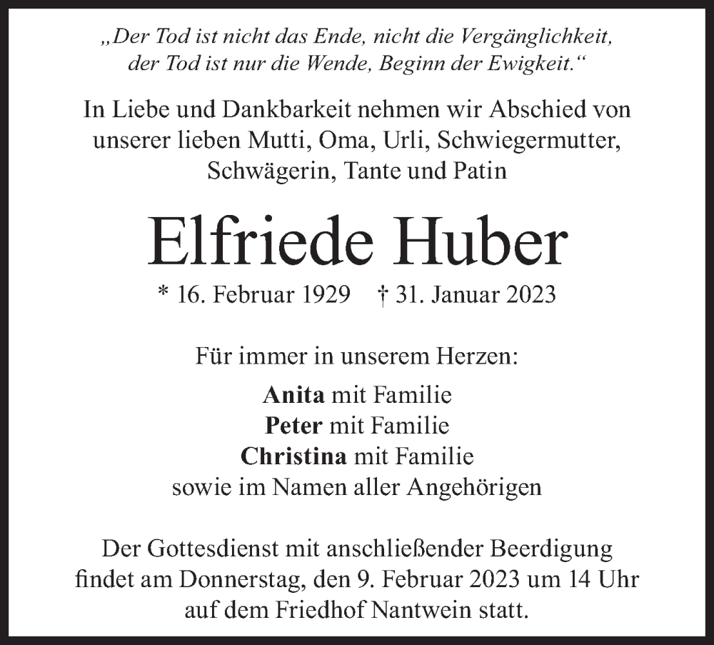  Traueranzeige für Elfriede Huber vom 04.02.2023 aus merkurtz