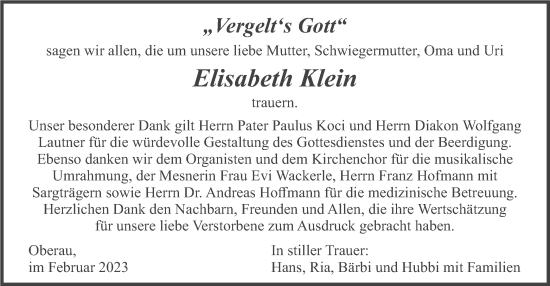 Traueranzeige von Elisabeth Klein von merkurtz