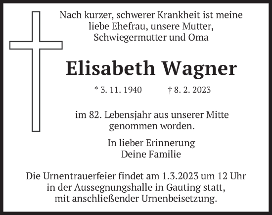 Traueranzeige von Elisabeth Wagner von merkurtz