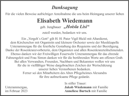 Traueranzeige von Elisabeth Wiedemann von merkurtz