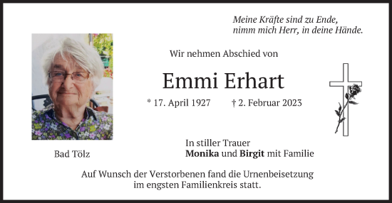Traueranzeige von Emmi Erhart von merkurtz