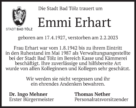 Traueranzeige von Emmi Erhart von merkurtz