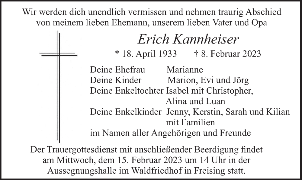  Traueranzeige für Erich Kannheiser vom 14.02.2023 aus merkurtz