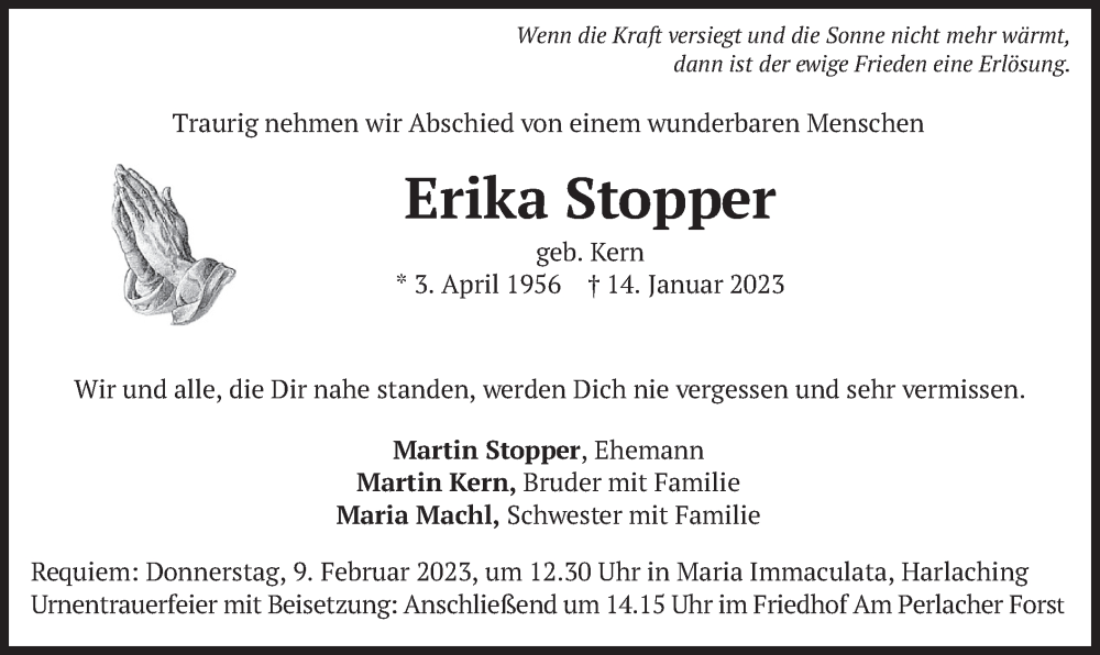  Traueranzeige für Erika Stopper vom 04.02.2023 aus merkurtz
