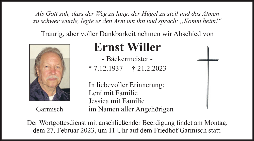  Traueranzeige für Ernst Willer vom 25.02.2023 aus merkurtz