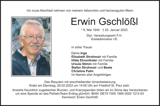 Traueranzeige von Erwin Gschlößl von merkurtz