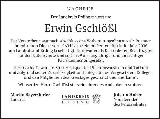 Traueranzeige von Erwin Gschlößl von merkurtz