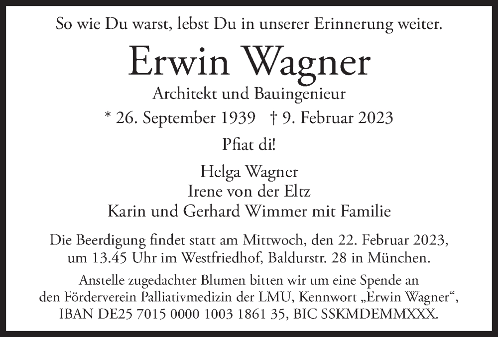  Traueranzeige für Erwin Wagner vom 18.02.2023 aus merkurtz
