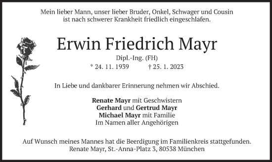 Traueranzeige von Erwin Friedrich Mayr von merkurtz