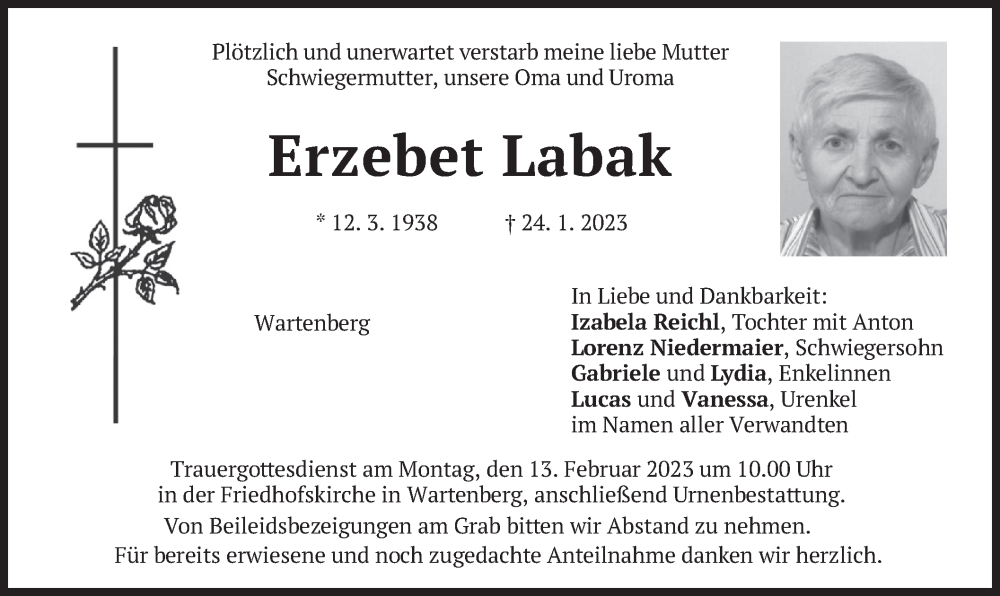  Traueranzeige für Erzebet Labak vom 11.02.2023 aus merkurtz