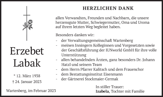 Traueranzeige von Erzebet Labak von merkurtz