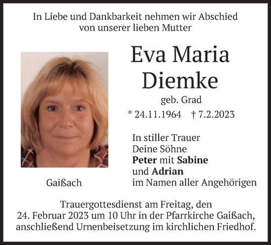 Traueranzeige von Eva Maria Diemke von merkurtz