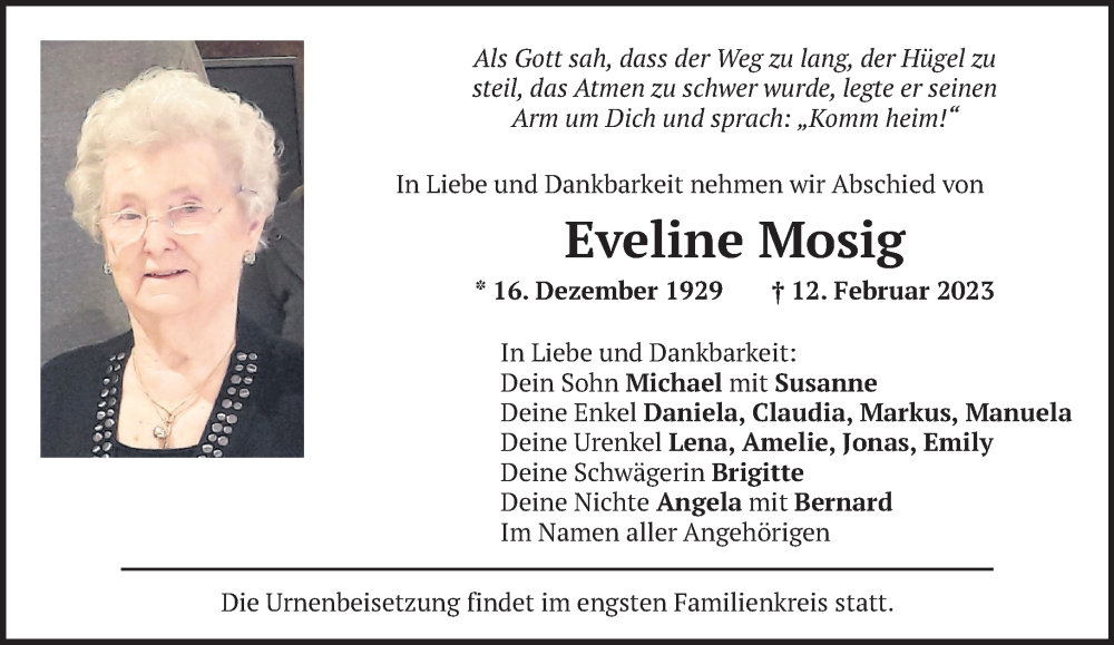  Traueranzeige für Eveline Mosig vom 15.02.2023 aus Das Gelbe Blatt Penzberg