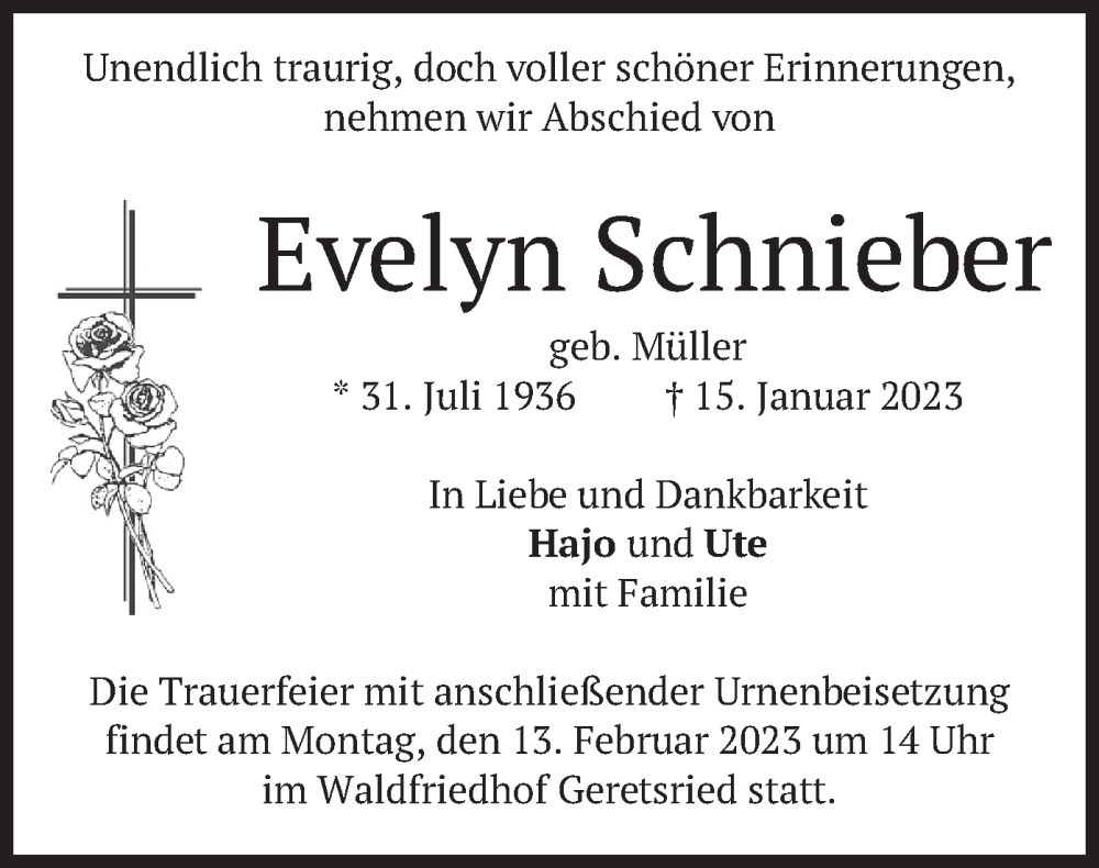  Traueranzeige für Evelyn Schnieber vom 04.02.2023 aus merkurtz