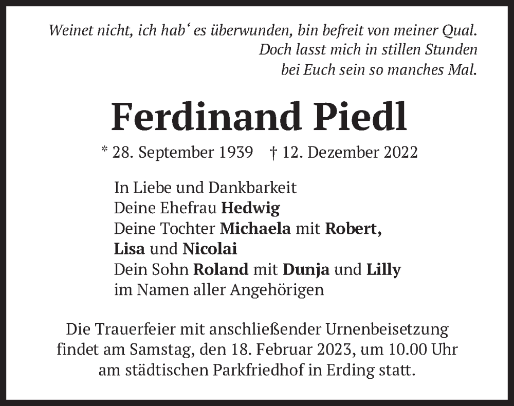  Traueranzeige für Ferdinand Piedl vom 14.02.2023 aus merkurtz
