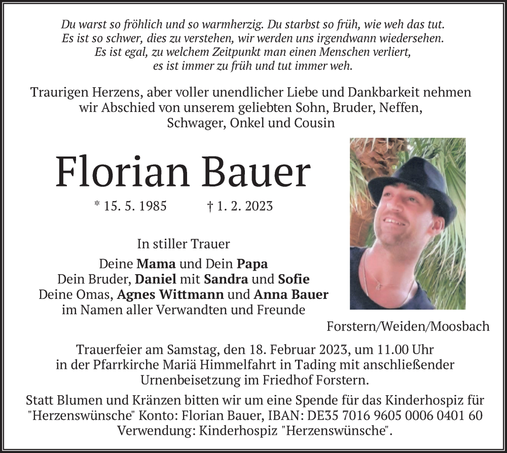  Traueranzeige für Florian Bauer vom 11.02.2023 aus merkurtz