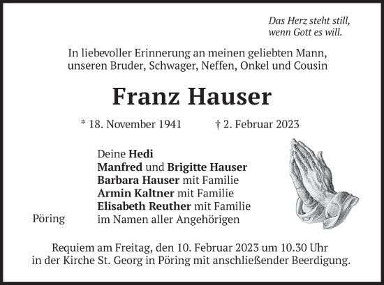Traueranzeige von Franz Hauser von merkurtz