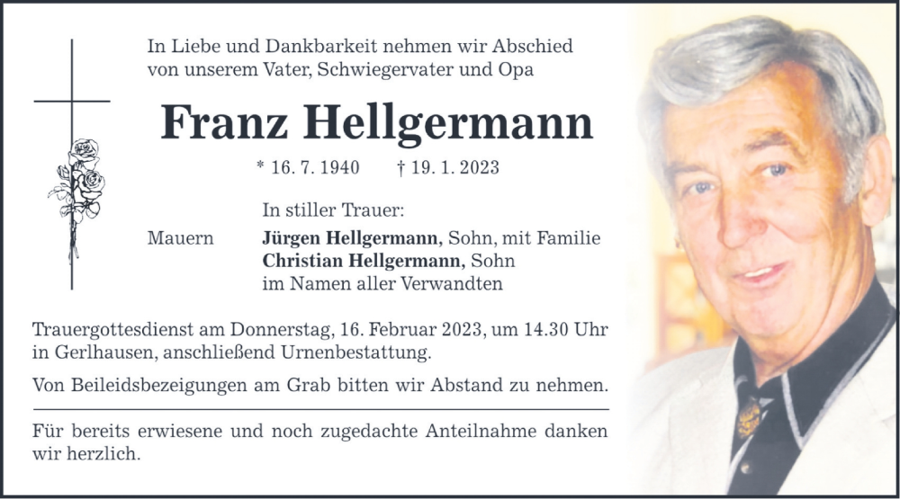  Traueranzeige für Franz Hellgermann vom 13.02.2023 aus merkurtz
