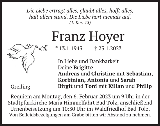 Traueranzeige von Franz Hoyer von merkurtz