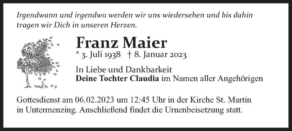  Traueranzeige für Franz Maier vom 04.02.2023 aus merkurtz