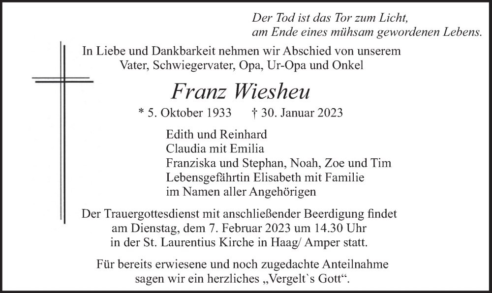  Traueranzeige für Franz Wiesheu vom 04.02.2023 aus merkurtz