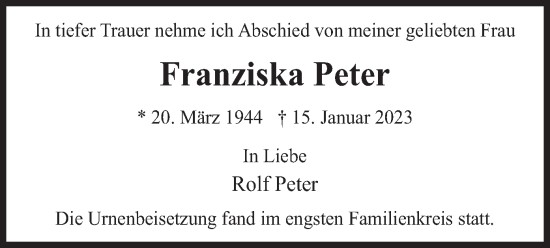 Traueranzeige von Franziska Peter von merkurtz