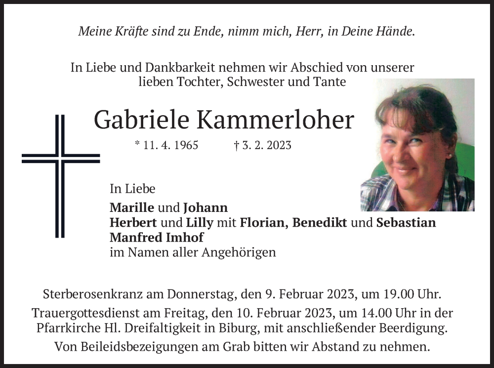  Traueranzeige für Gabriele Kammerloher vom 08.02.2023 aus merkurtz