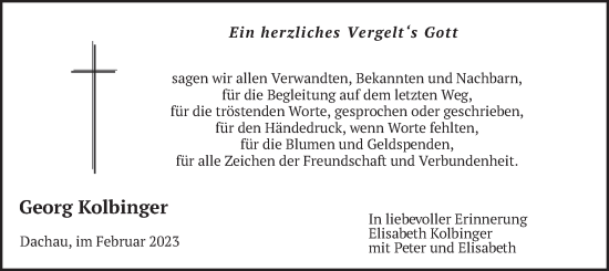 Traueranzeige von Georg Kolbinger von merkurtz