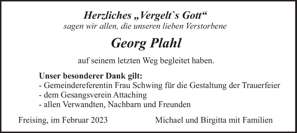  Traueranzeige für Georg Plahl vom 17.02.2023 aus merkurtz