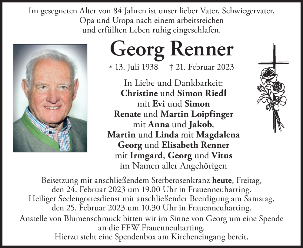  Traueranzeige für Georg Renner vom 24.02.2023 aus merkurtz