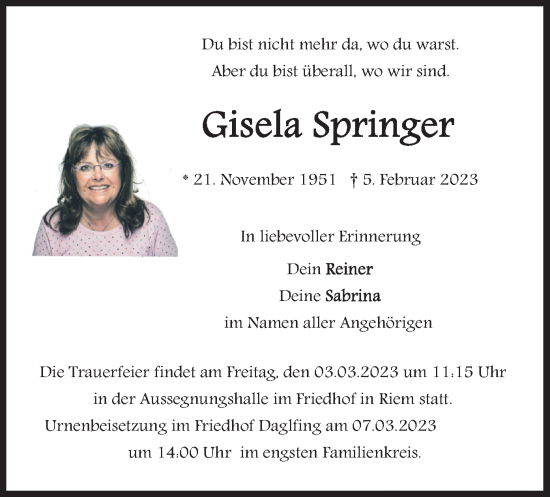 Traueranzeige von Gisela Springer von merkurtz