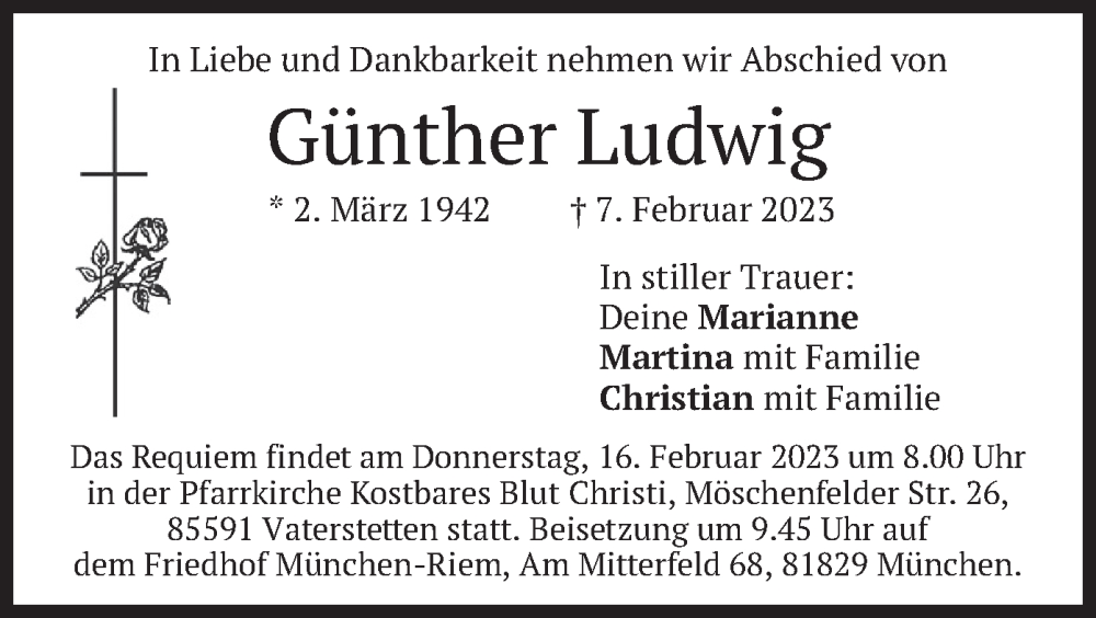  Traueranzeige für Günther Ludwig vom 14.02.2023 aus merkurtz