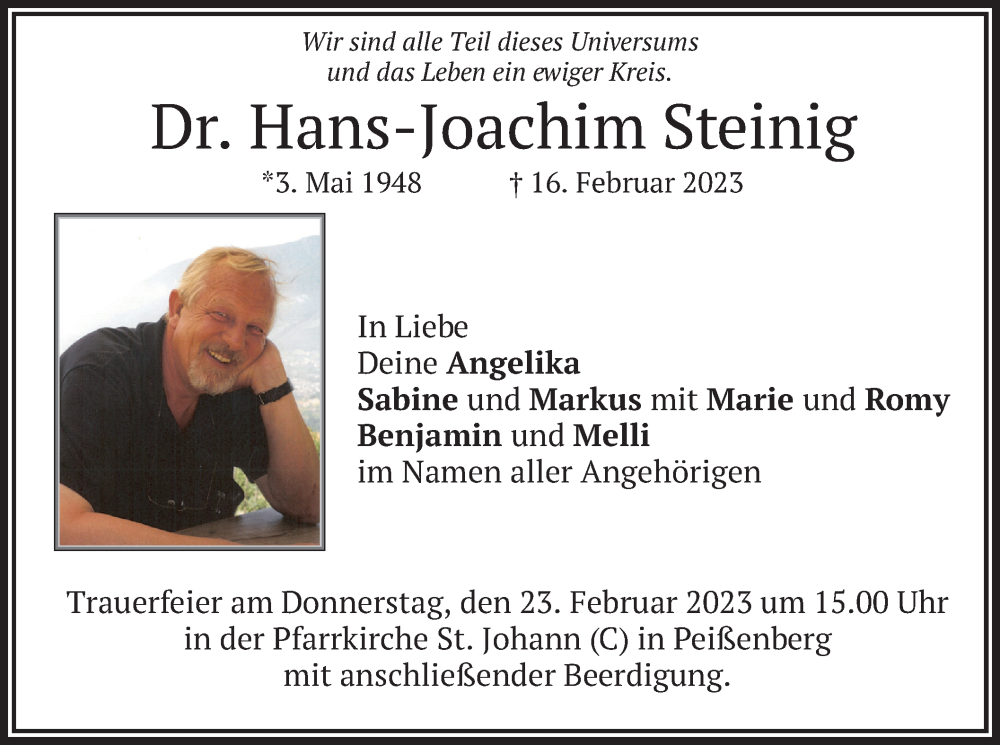  Traueranzeige für Hans-Joachim Steinig vom 21.02.2023 aus merkurtz