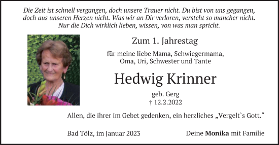 Traueranzeige von Hedwig Krinner von merkurtz