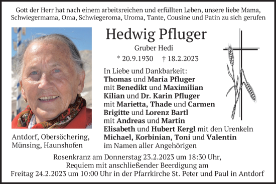 Traueranzeige von Hedwig Pfluger von merkurtz