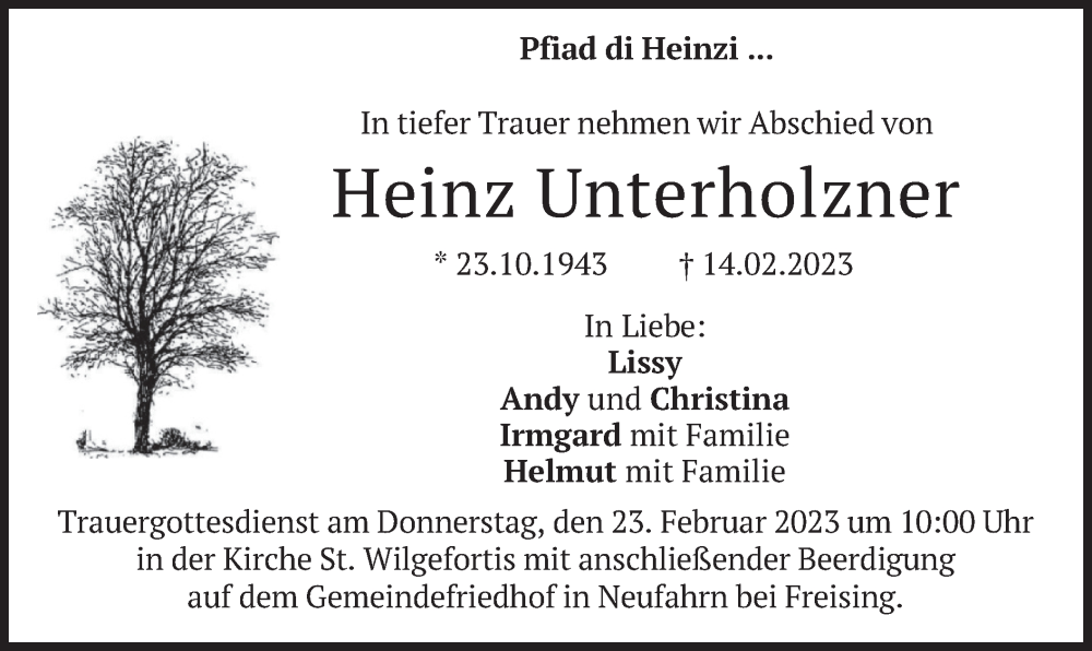  Traueranzeige für Heinz Unterholzner vom 18.02.2023 aus merkurtz