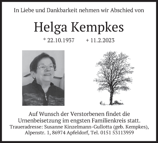 Traueranzeige von Helga Kempkes von merkurtz