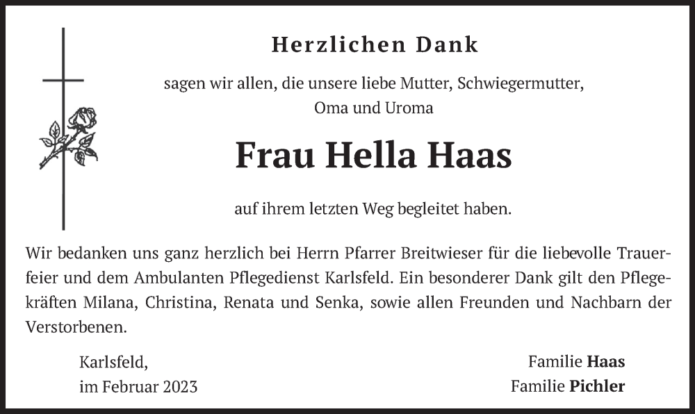 Traueranzeige für Hella Haas vom 04.02.2023 aus merkurtz