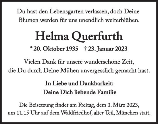 Traueranzeige von Helma Querfurth von merkurtz