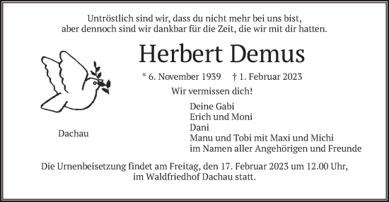 Traueranzeige von Herbert Demus von merkurtz