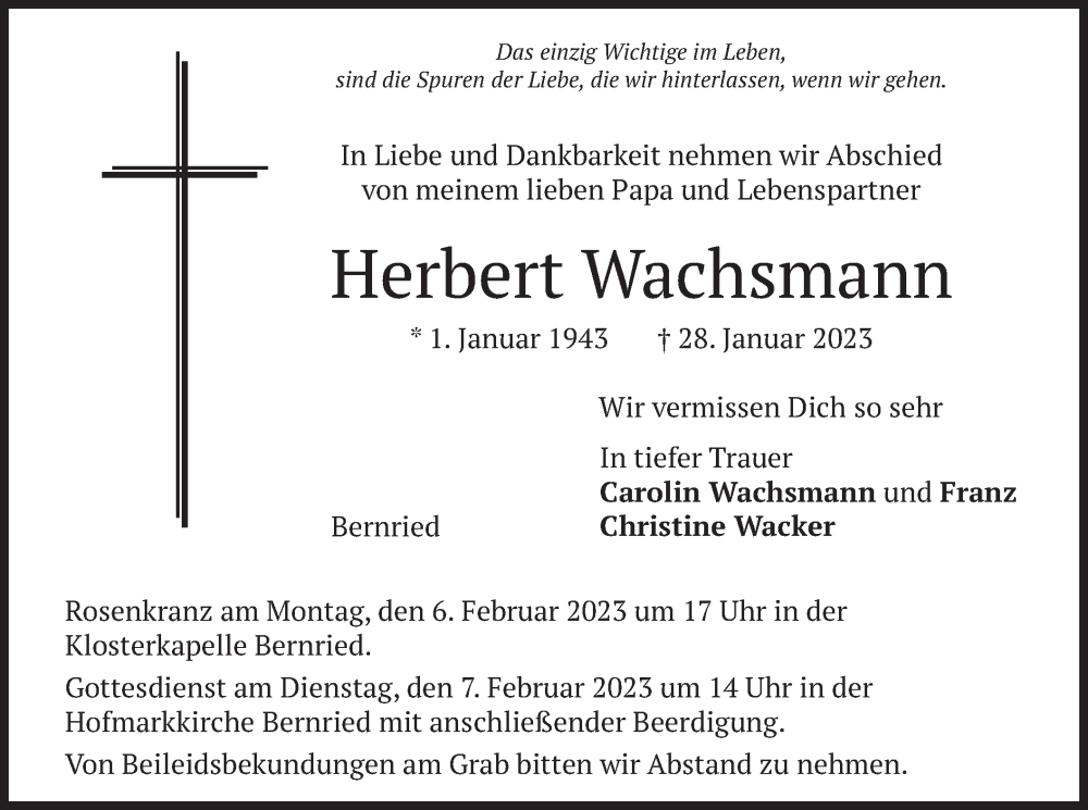  Traueranzeige für Herbert Wachsmann vom 02.02.2023 aus merkurtz