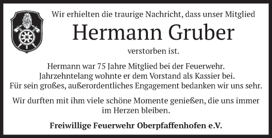 Traueranzeige von Hermann Gruber von merkurtz