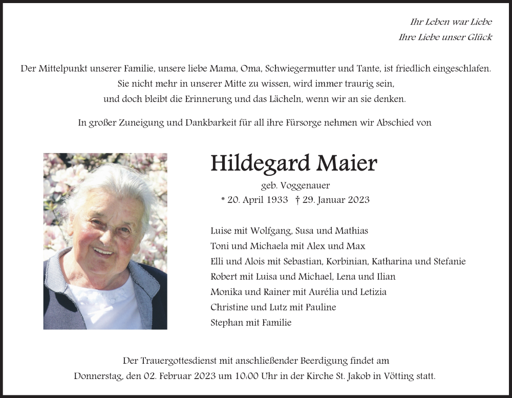  Traueranzeige für Hildegard Maier vom 01.02.2023 aus merkurtz
