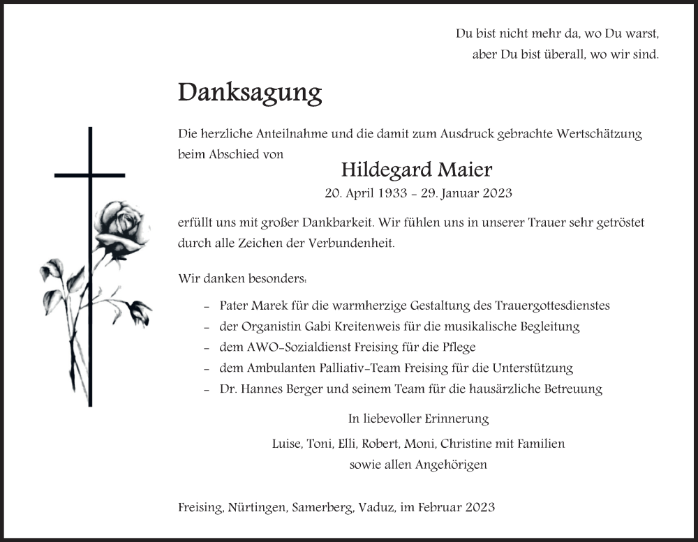 Traueranzeige für Hildegard Maier vom 11.02.2023 aus merkurtz
