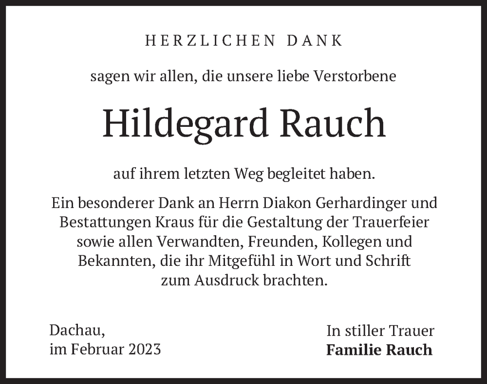  Traueranzeige für Hildegard Rauch vom 04.02.2023 aus merkurtz