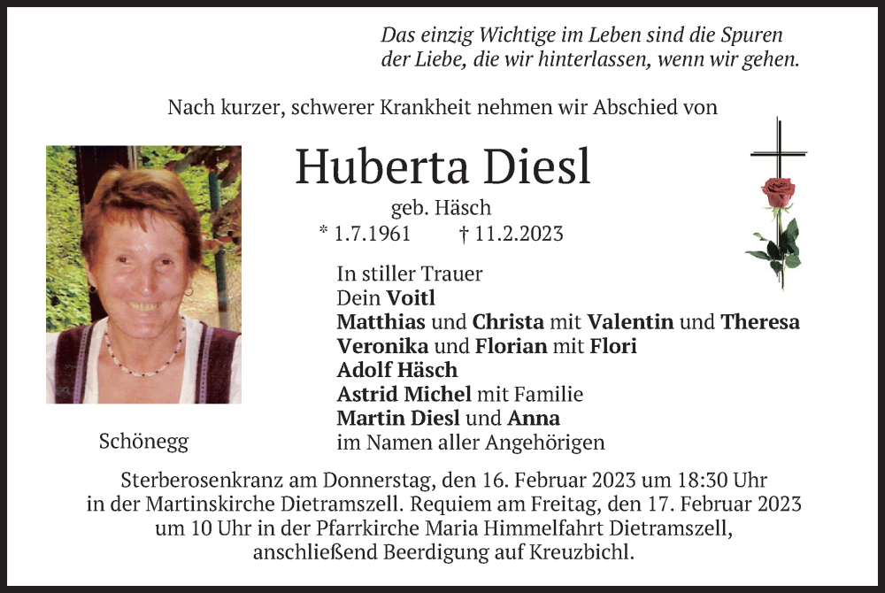  Traueranzeige für Huberta Diesl vom 15.02.2023 aus merkurtz