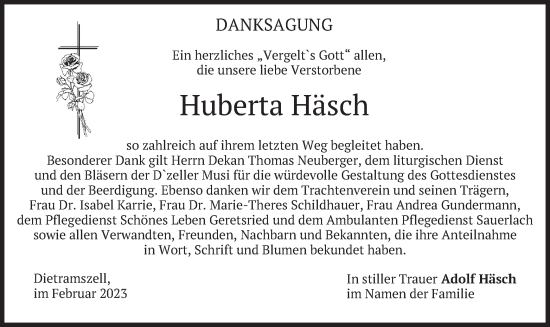 Traueranzeige von Huberta Häsch von merkurtz